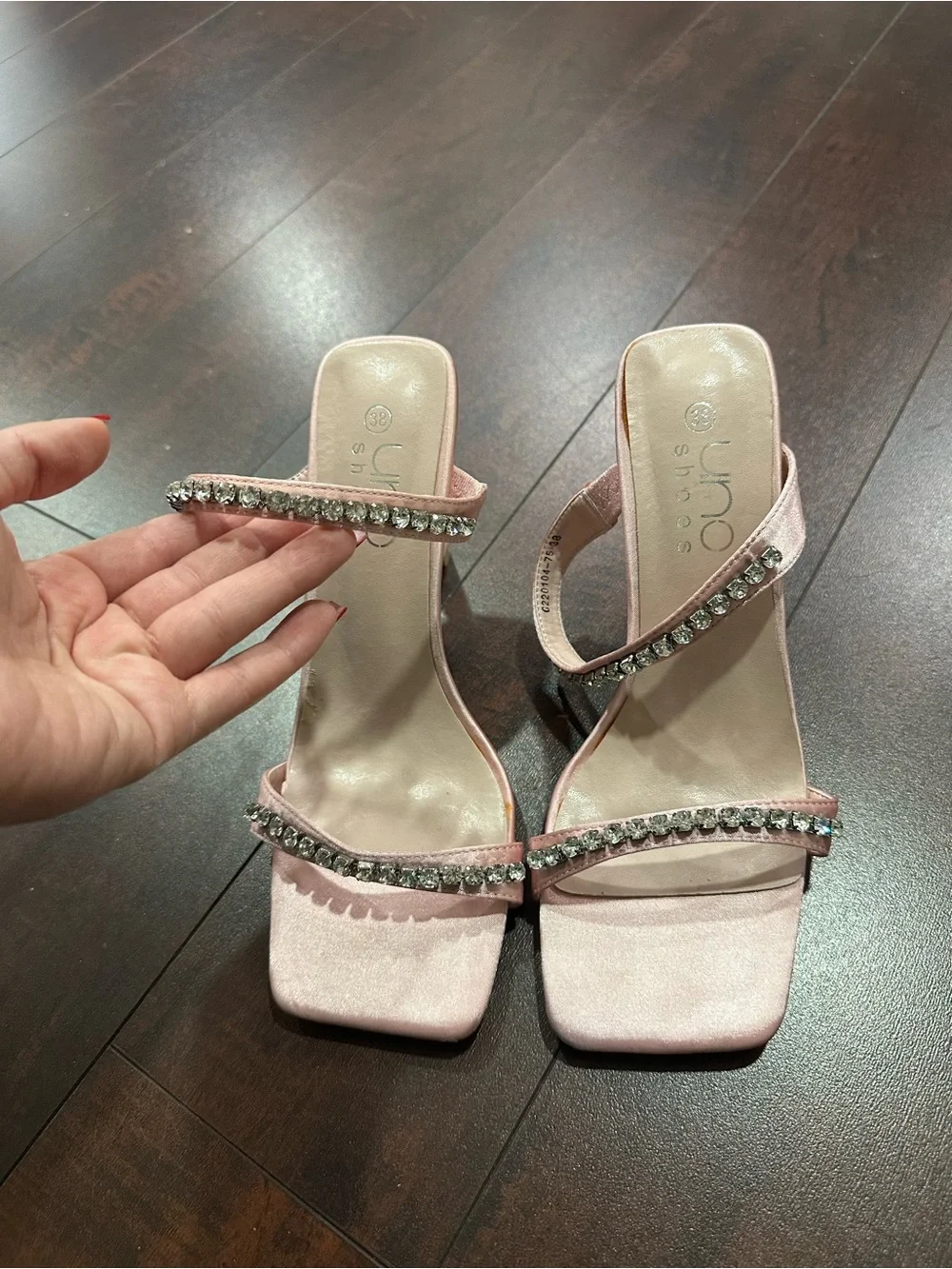 Uno Shoes Blush Pink Rhinestone Double-Strap Heeled Sandals
